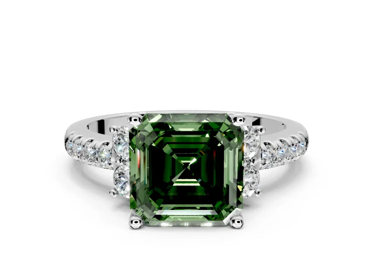 Paired Accent Engagement Ring Setting for Fancy Green Asscher Cut Center with Pave Band and Prong Head in Sterling Silver