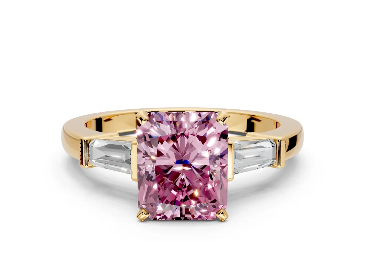 3 Stone Engagement Ring Setting for Fancy Pink Radiant Cut Center with Channel Baguette Accents and Prong Head in Yellow Gold