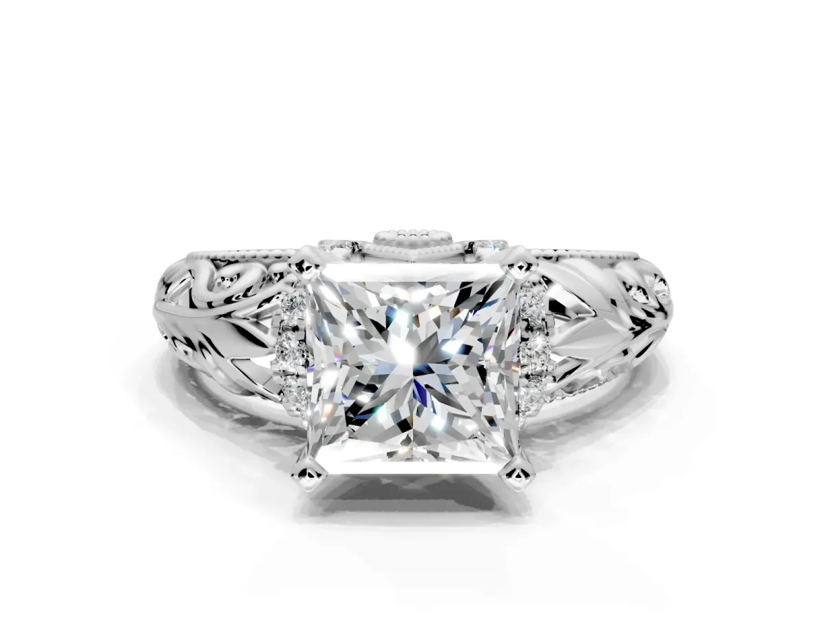 Solitaire Engagement Ring Setting for Princess Cut Center with Filigree Accent Basket and Prong Head in Platinum