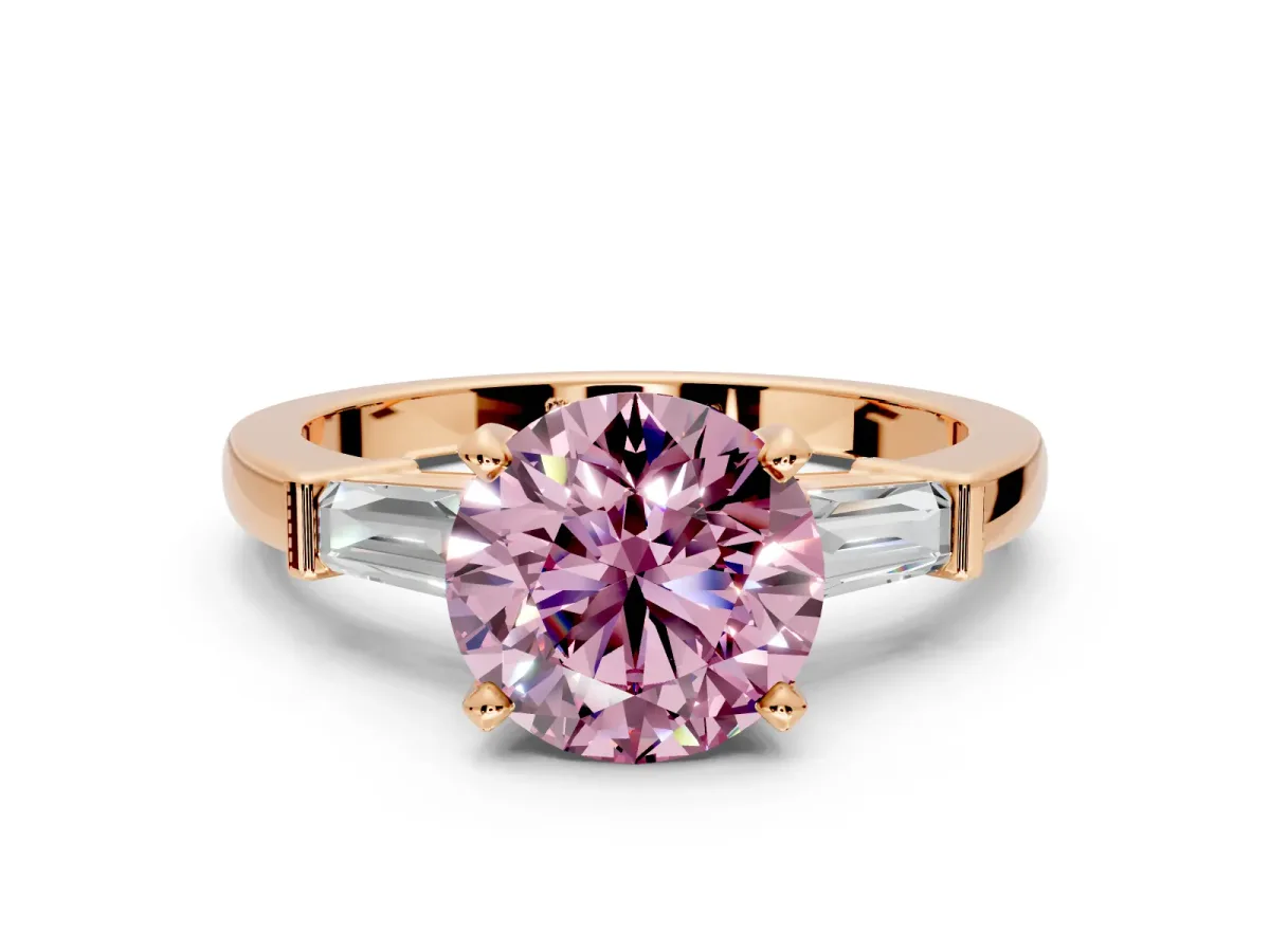 3 Stone Engagement Ring Setting for Fancy Pink Round Cut Center with Channel Baguette Accents and Prong Head in Rose Gold