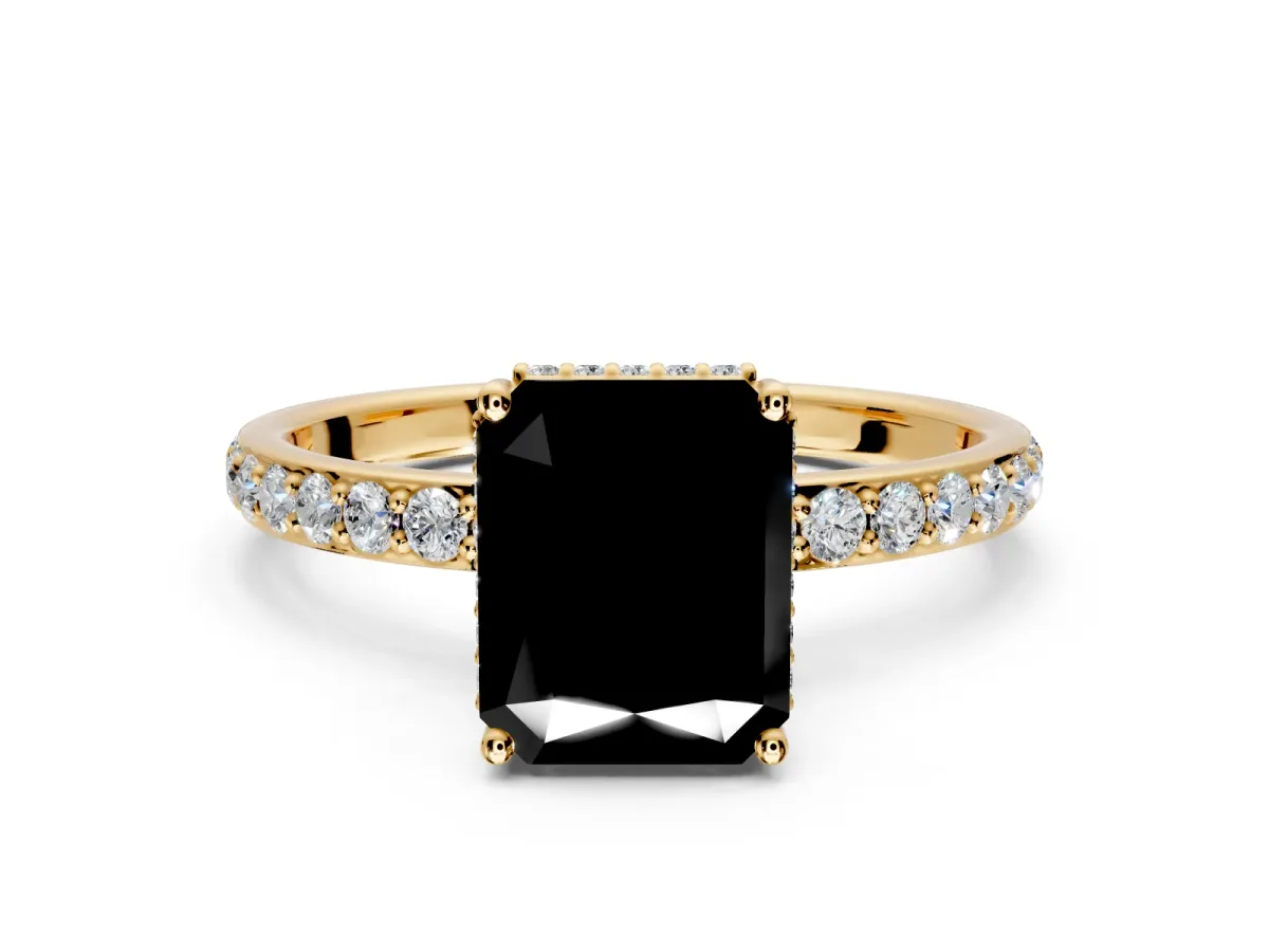 Hidden Halo Engagement Ring Setting for Fancy Black Radiant Cut Center with Pave Band and Prong Head in Yellow Gold