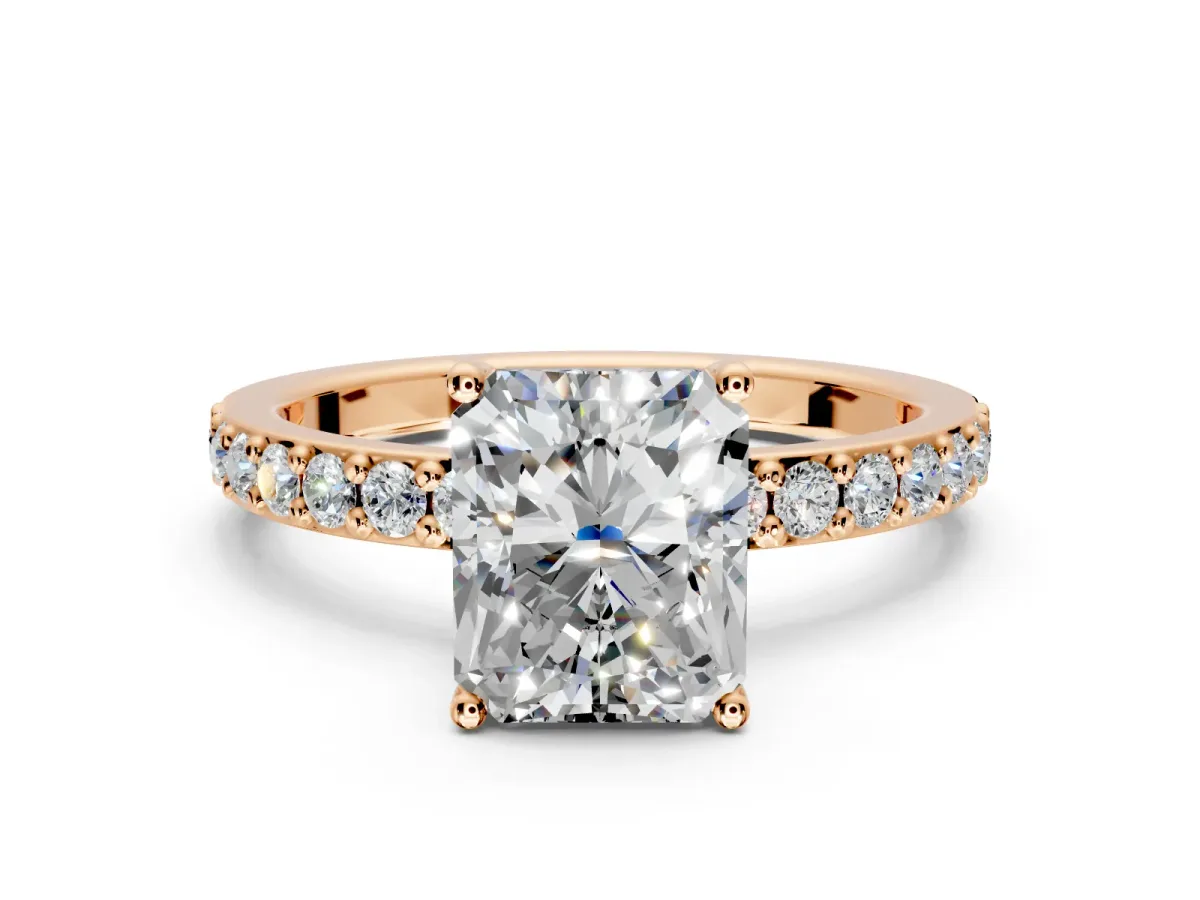 Solitaire Engagement Ring Setting for Radiant Cut Center with Round Cut Pave Band and Prong Head in Rose Gold