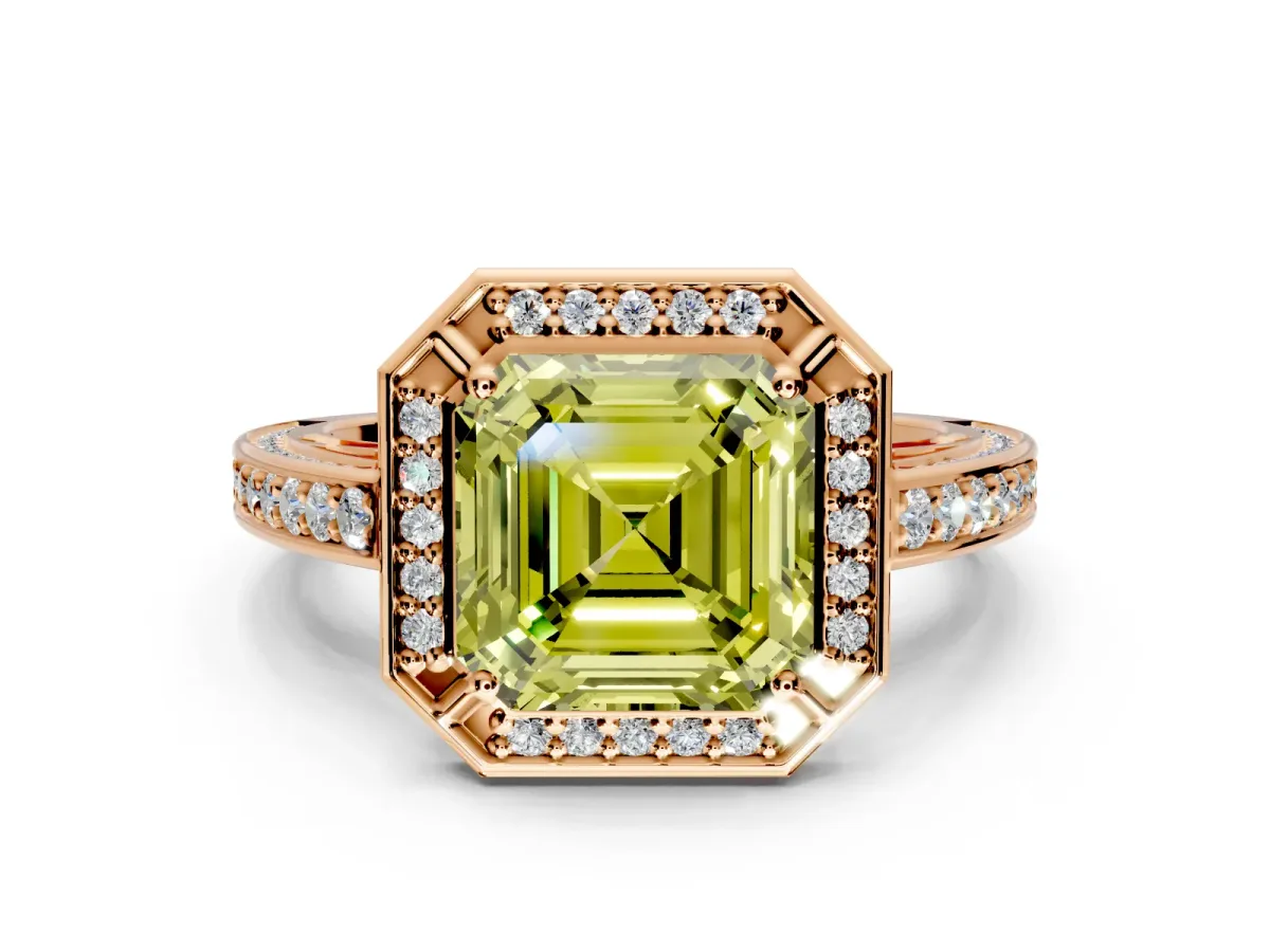 Halo Engagement Ring Setting for Fancy Yellow Asscher Cut Center with Framed Halo, Pave Band and Prong Head in Rose Gold