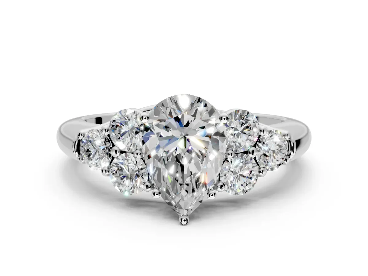 Cluster Engagement Ring Setting for Pear-Shaped Center with Round Cut Accent Frame and Prong Head in White Gold