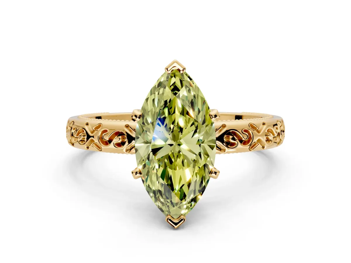 Solitaire Engagement Ring Setting for Fancy Yellow Marquise Center with Scrollwork Band and Prong Head in Yellow Gold