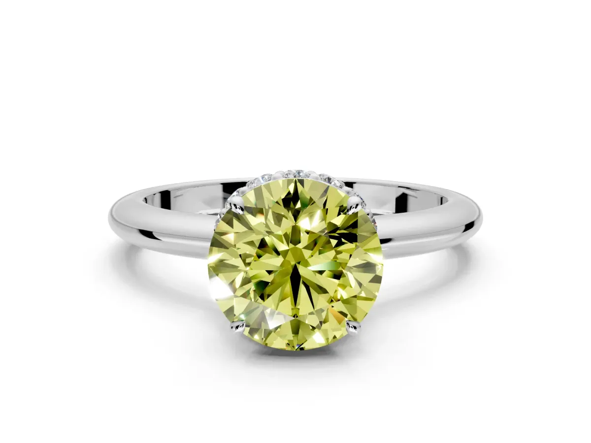 Hidden Halo Engagement Ring Setting for Fancy Yellow Round Cut Center with Plain Rounded Band and Prong Head in Platinum