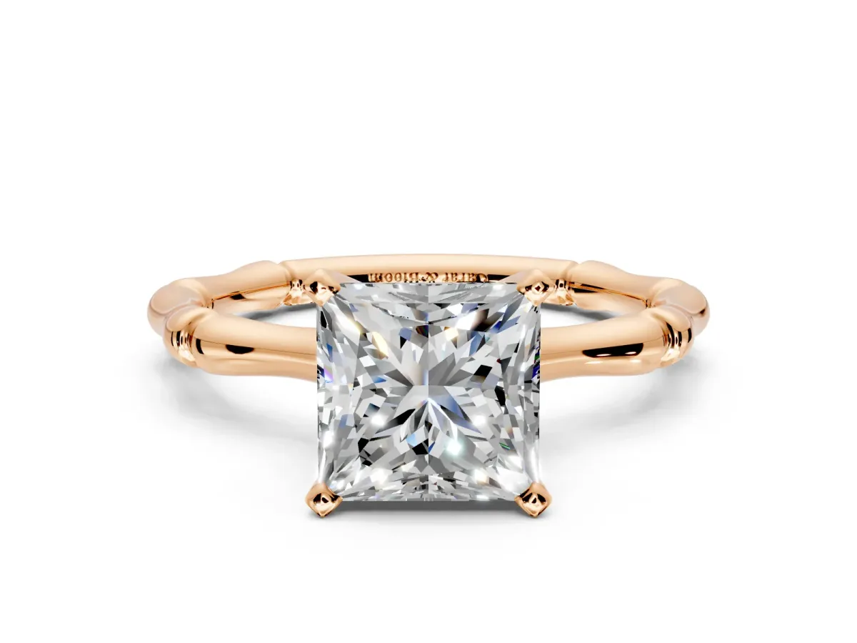 Solitaire Engagement Ring Setting for Princess Cut Center with Bamboo Band and Prong Head in Rose Gold