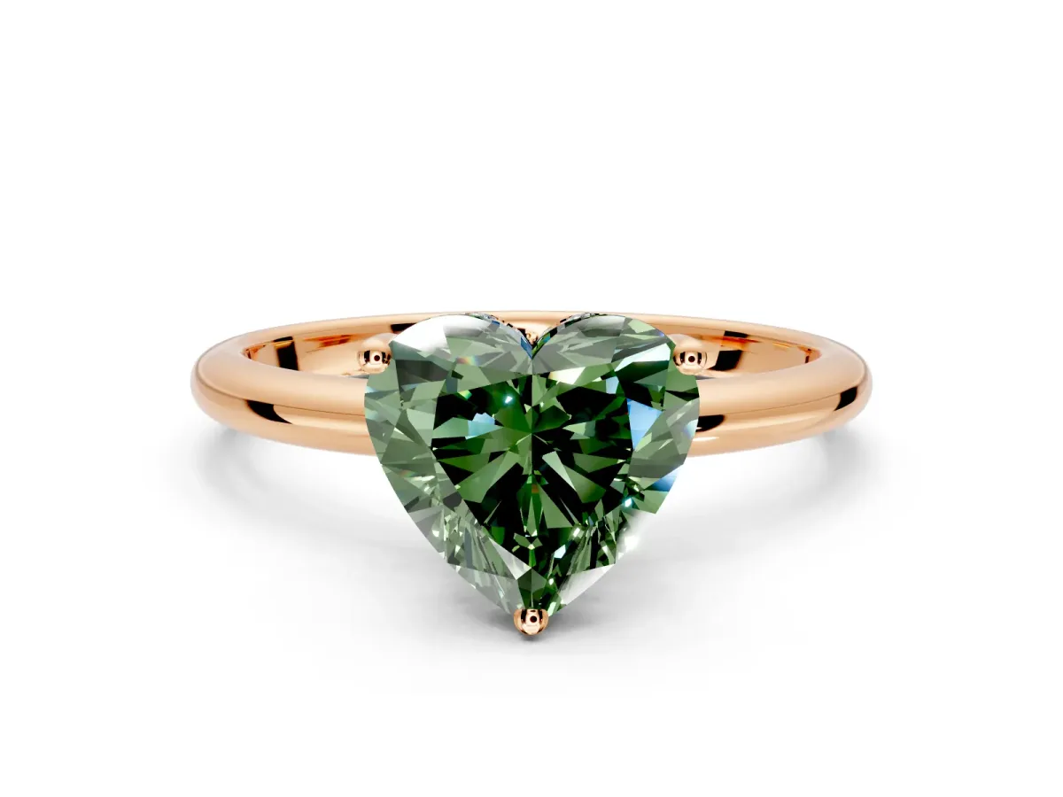 Hidden Halo Engagement Ring Setting for Fancy Green Heart-Shaped Center with Thin Round-Wire Band and Prong Head in Rose Gold