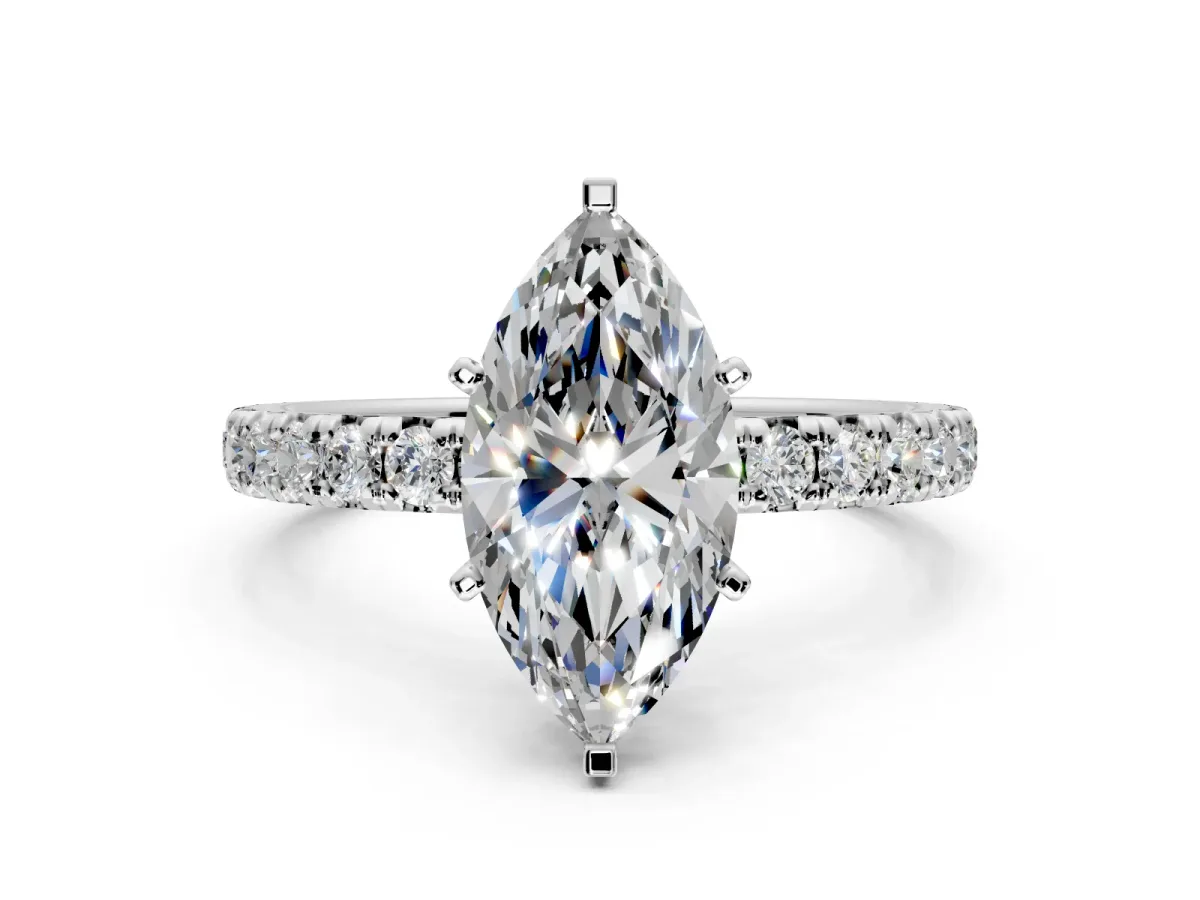 Solitaire Engagement Ring Setting for Marquise Center with Shared-Prong Accents and Prong Head in Platinum