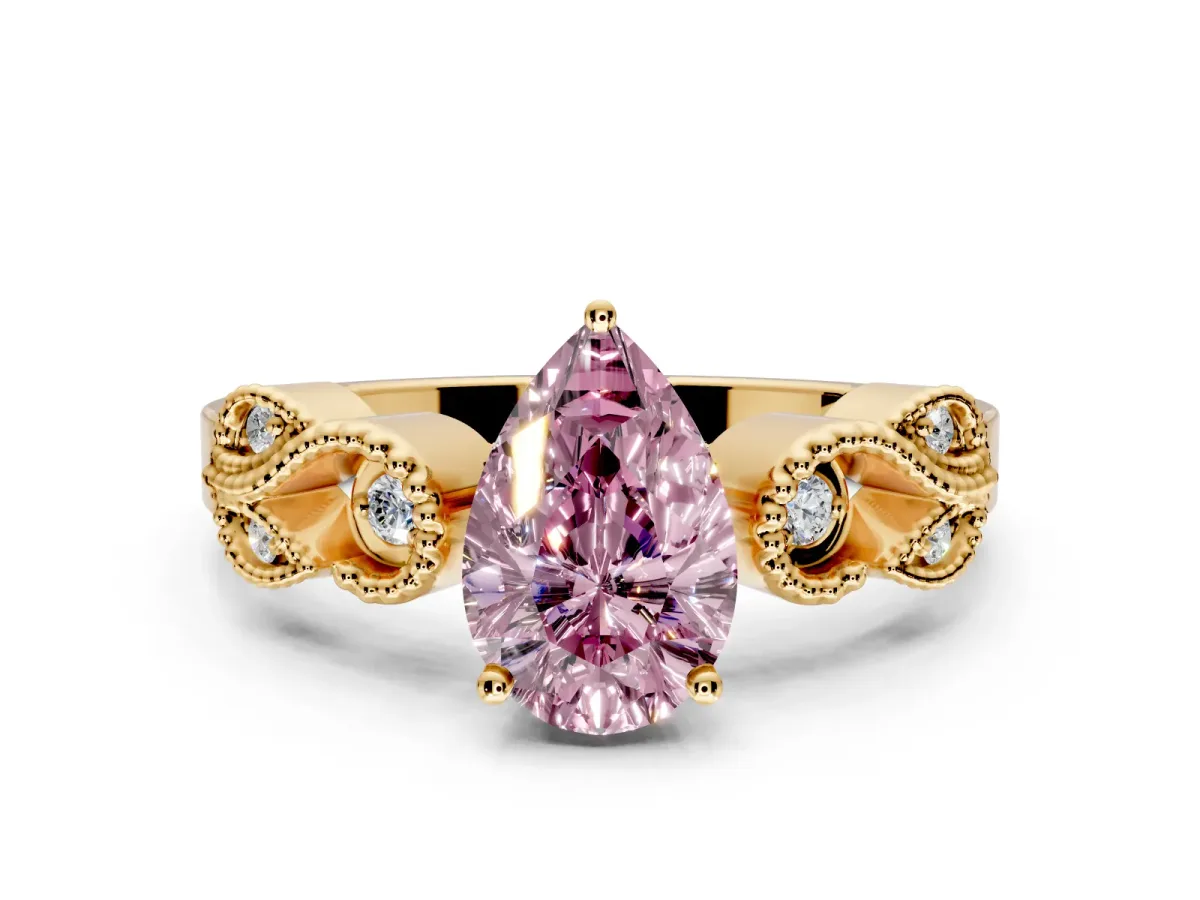 Leaf Engagement Ring Setting for Fancy Pink Pear-Shaped Center with Milgrain Accent Band and Prong Head in Yellow Gold