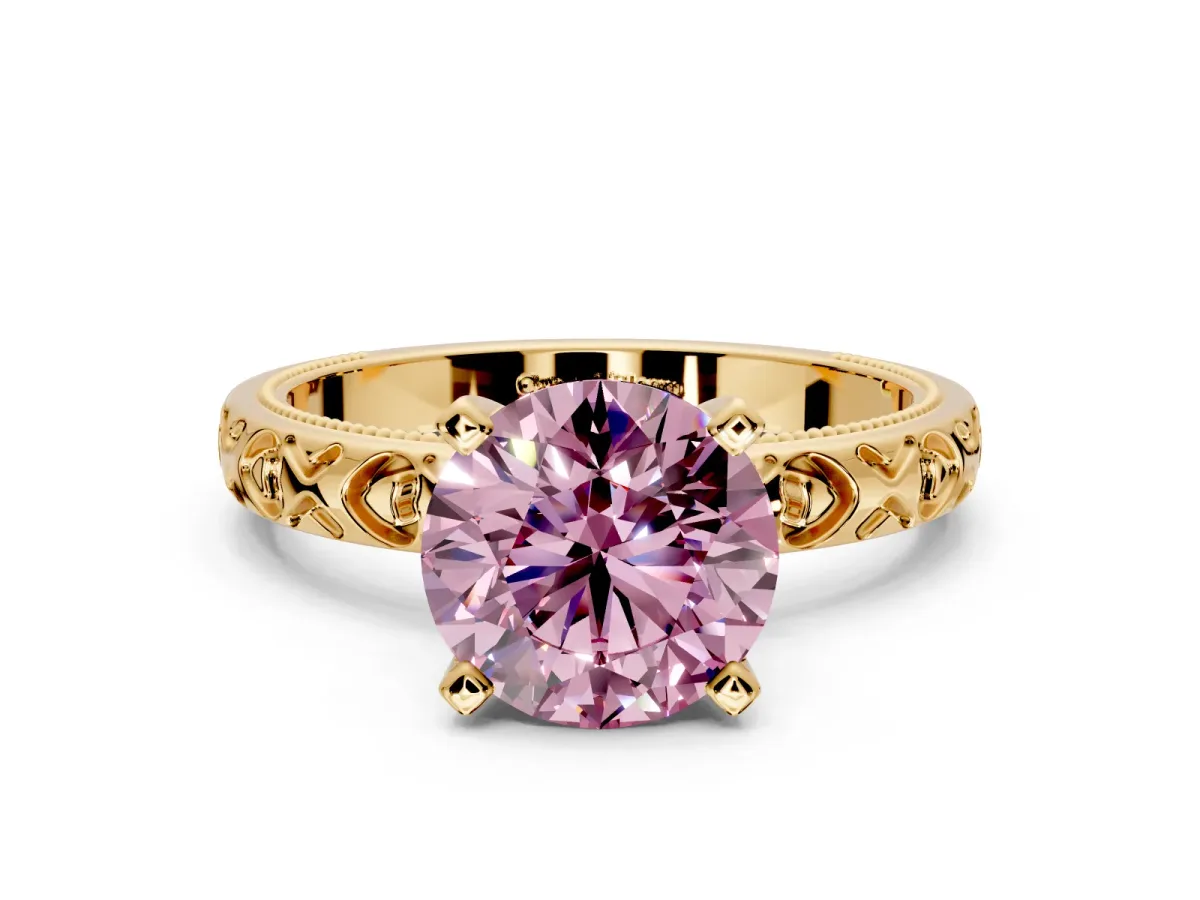 Solitaire Engagement Ring Setting for Fancy Pink Round Cut Center with XO Engraved Band and Prong Head in Yellow Gold