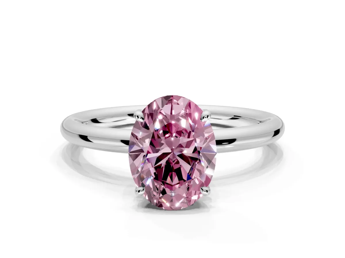 Hidden Halo Engagement Ring Setting for Fancy Pink Oval Center with Thin Rounded Band and Prong Head in Platinum