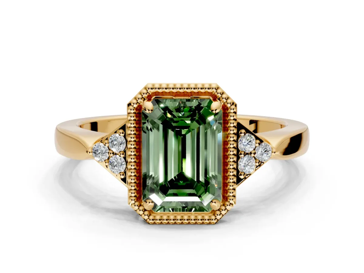 Cluster Engagement Ring Setting for Fancy Green Emerald Cut Center with Milgrain Shoulder Clusters and Prong Head in Yellow Gold
