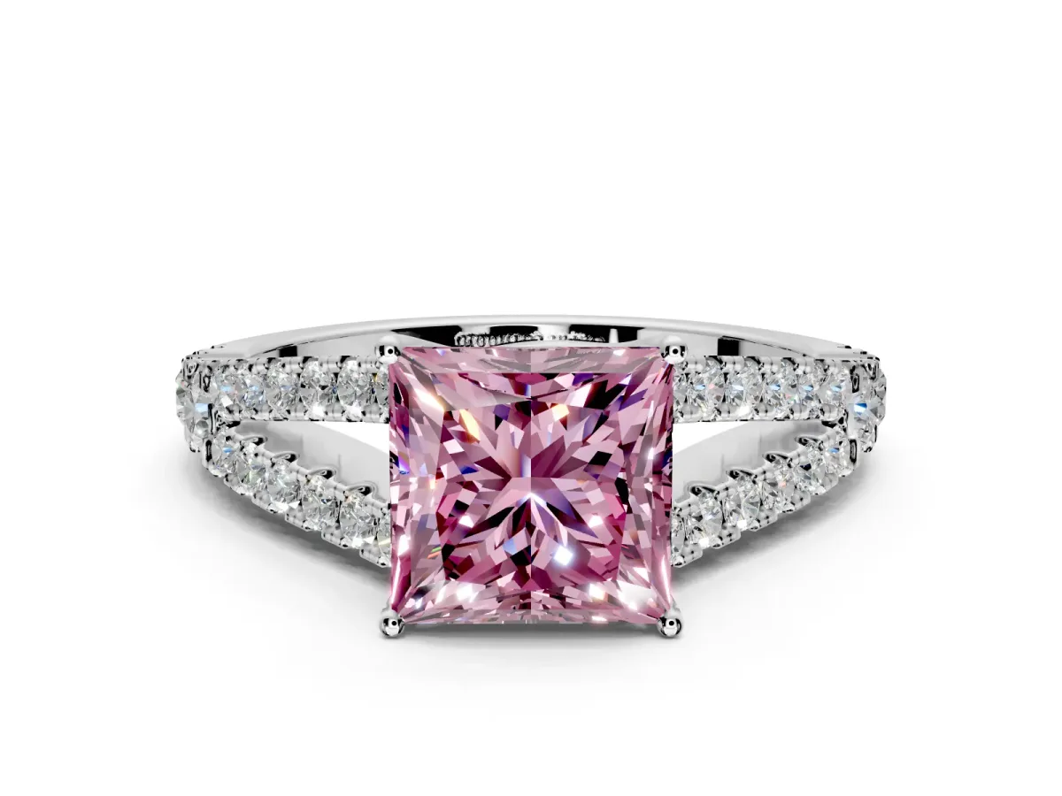 Solitaire Engagement Ring Setting for Fancy Pink Princess Cut Center with Pave Split Shank and Prong Head in Platinum