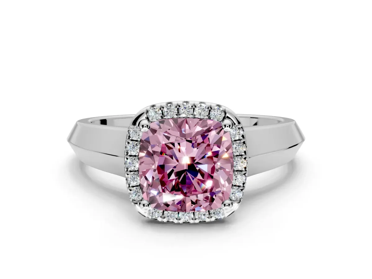 Halo Engagement Ring Setting for Fancy Pink Cushion Cut Center with Knife Ridge Cathedral Band and Prong Head in Platinum