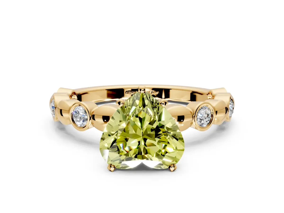 Solitaire Engagement Ring Setting for Fancy Yellow Heart-Shaped Center with Beaded Bezel Station Band and Prong Head in Yellow Gold