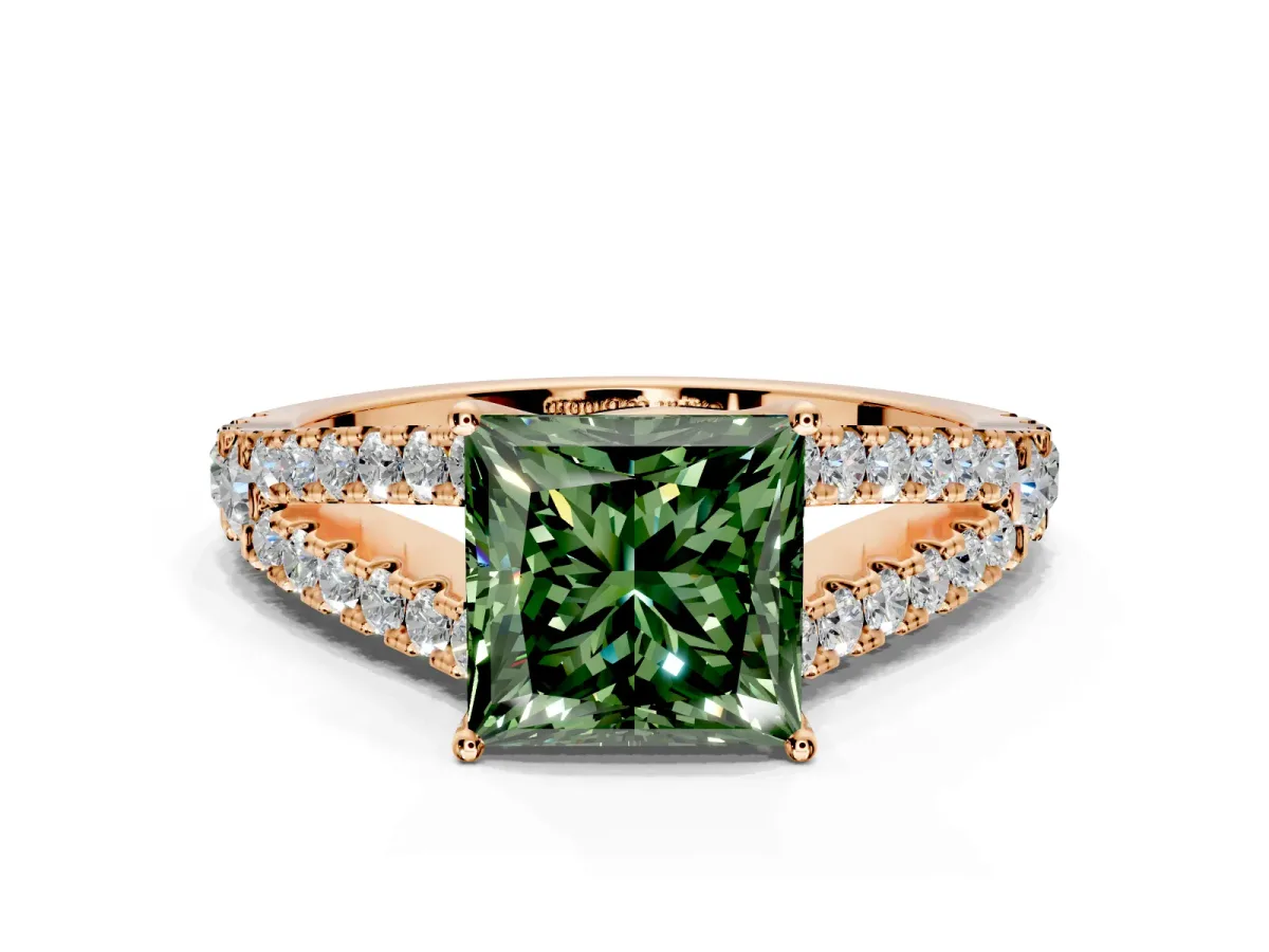 Solitaire Engagement Ring Setting for Fancy Green Princess Cut Center with Pave Split Shank and Prong Head in Rose Gold