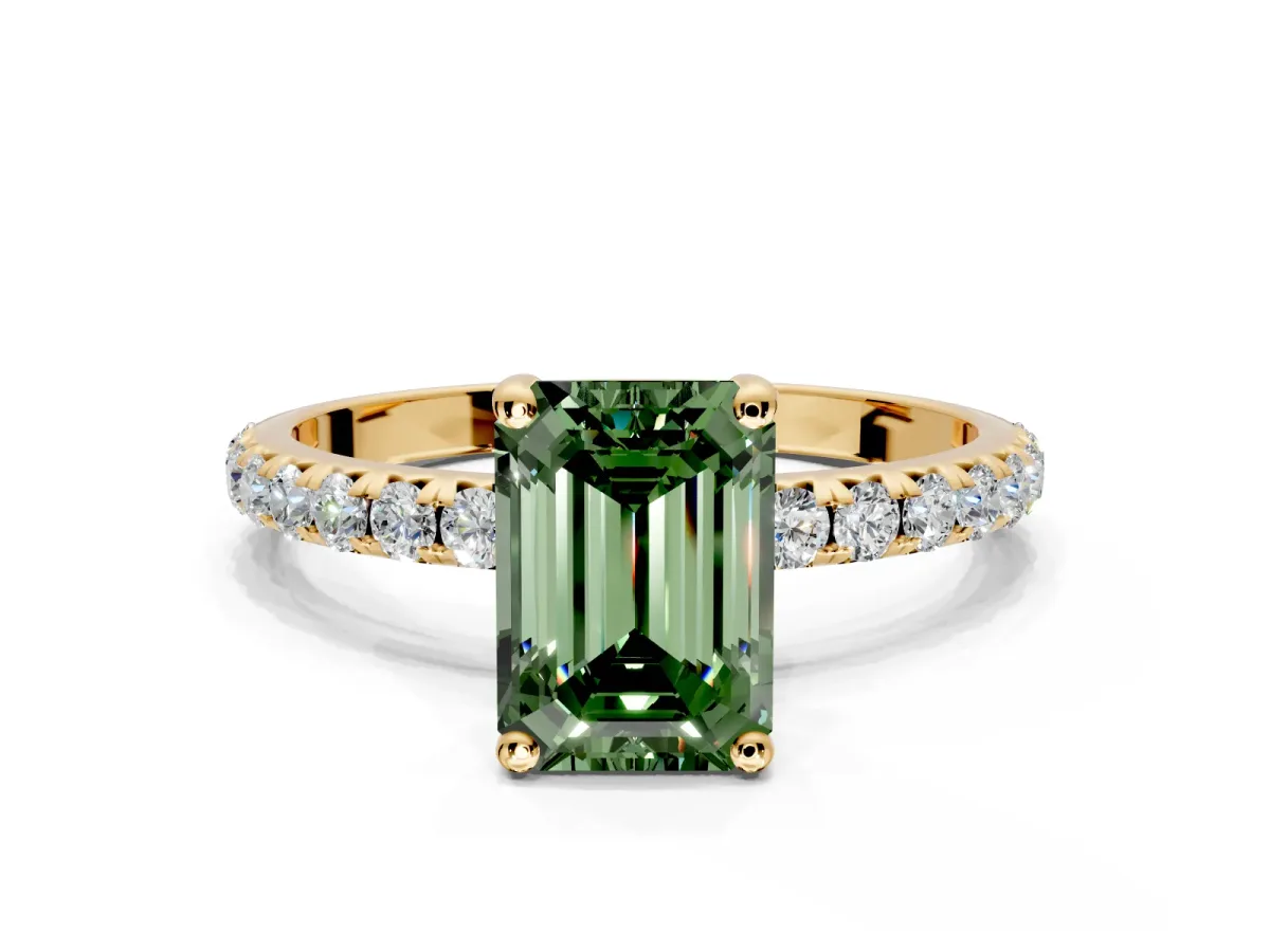 Solitaire Engagement Ring Setting for Fancy Green Emerald Cut Center with Micro Pave Band and Prong Head in Yellow Gold