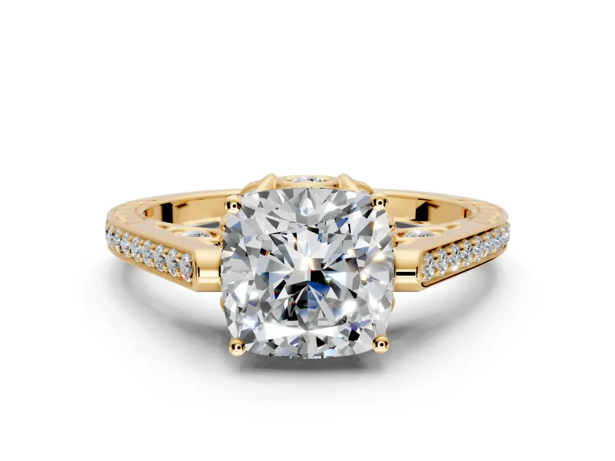 Cathedral Engagement Ring Setting for Cushion Cut Center with Antique-Style Pave Band and Prong Head in Yellow Gold