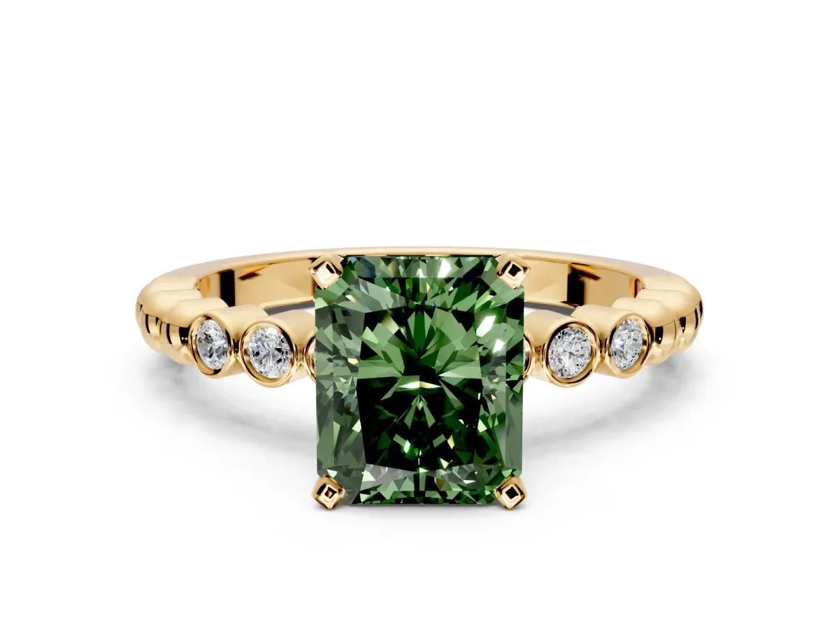 Solitaire Engagement Ring Setting for Fancy Green Radiant Cut Center with Bezel-Dot Beaded Band and Prong Head in Yellow Gold