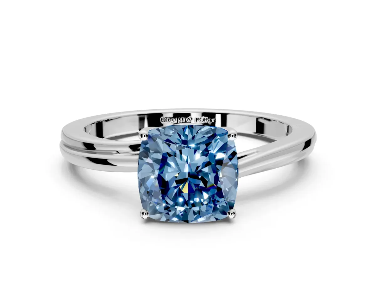Solitaire Engagement Ring Setting for Fancy Blue Cushion Cut Center with Plain Bypass Twist Band and Prong Head in White Gold