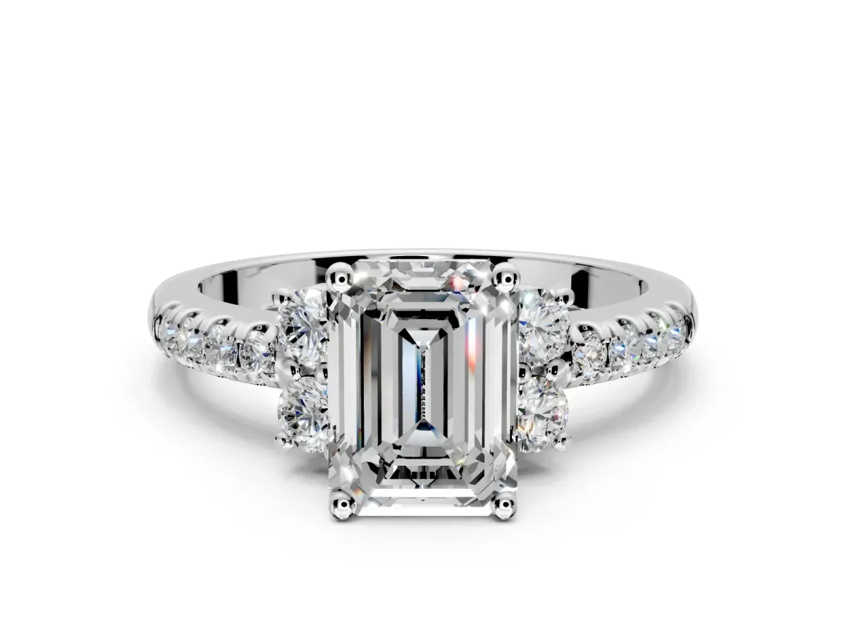 Paired Accent Engagement Ring Setting for Emerald Cut Center with Pave Band and Prong Head in Platinum