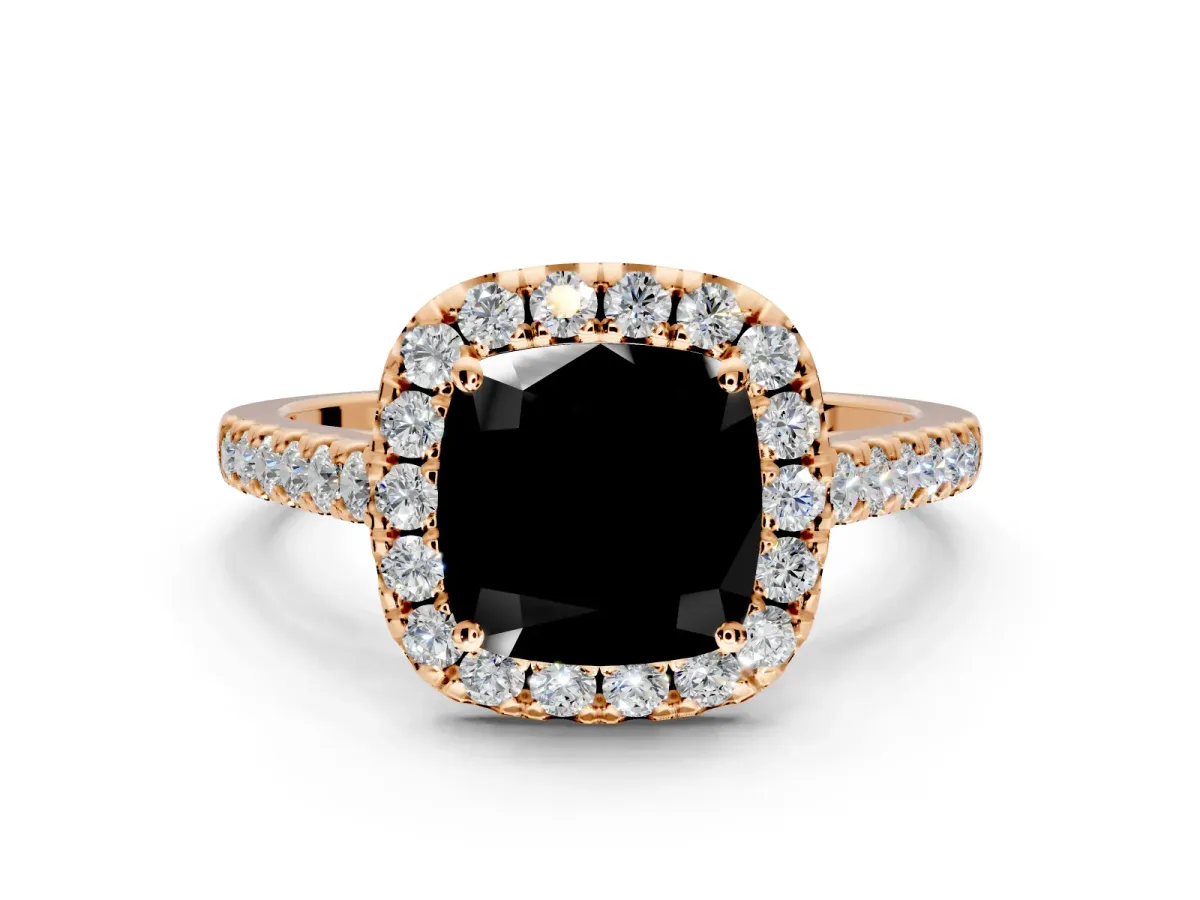 Halo Engagement Ring Setting for Fancy Black Cushion Cut Center with Narrowing Pave Band and Prong Head in Rose Gold