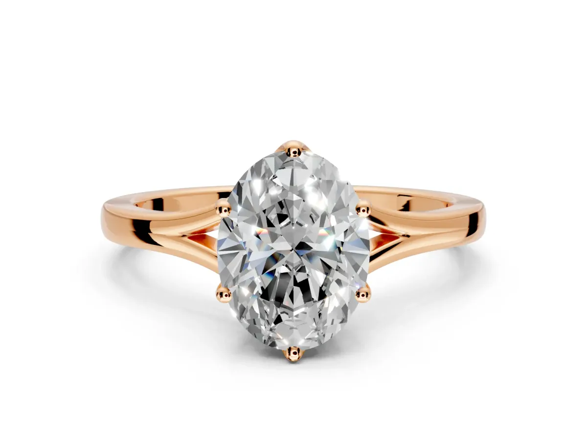 Solitaire Engagement Ring Setting for Oval Center with Plain Split Shank and Prong Head in Rose Gold