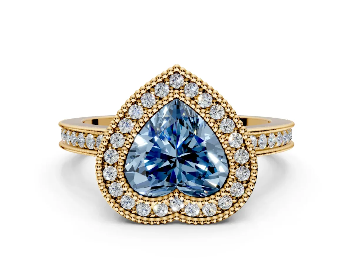 Halo Engagement Ring Setting for Fancy Blue Heart-Shaped Center with Milgrain Halo, Pave Band and Prong Head in Yellow Gold