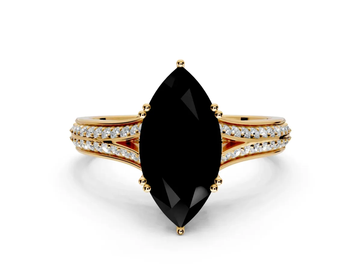 Solitaire Engagement Ring Setting for Fancy Black Marquise Center with Pave Rail Split Shank and Prong Head in Yellow Gold