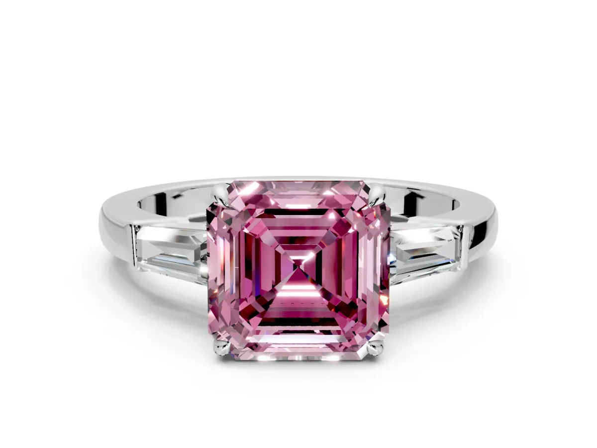 3 Stone Engagement Ring Setting for Fancy Pink Asscher Cut Center with Baguette Accents and Prong Head in White Gold