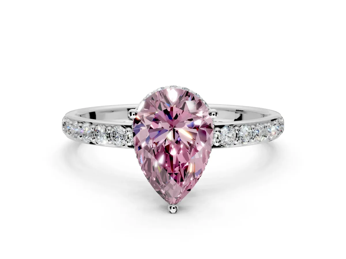 Hidden Halo Engagement Ring Setting for Fancy Pink Pear-Shaped Center with Pave Band and Prong Head in Sterling Silver