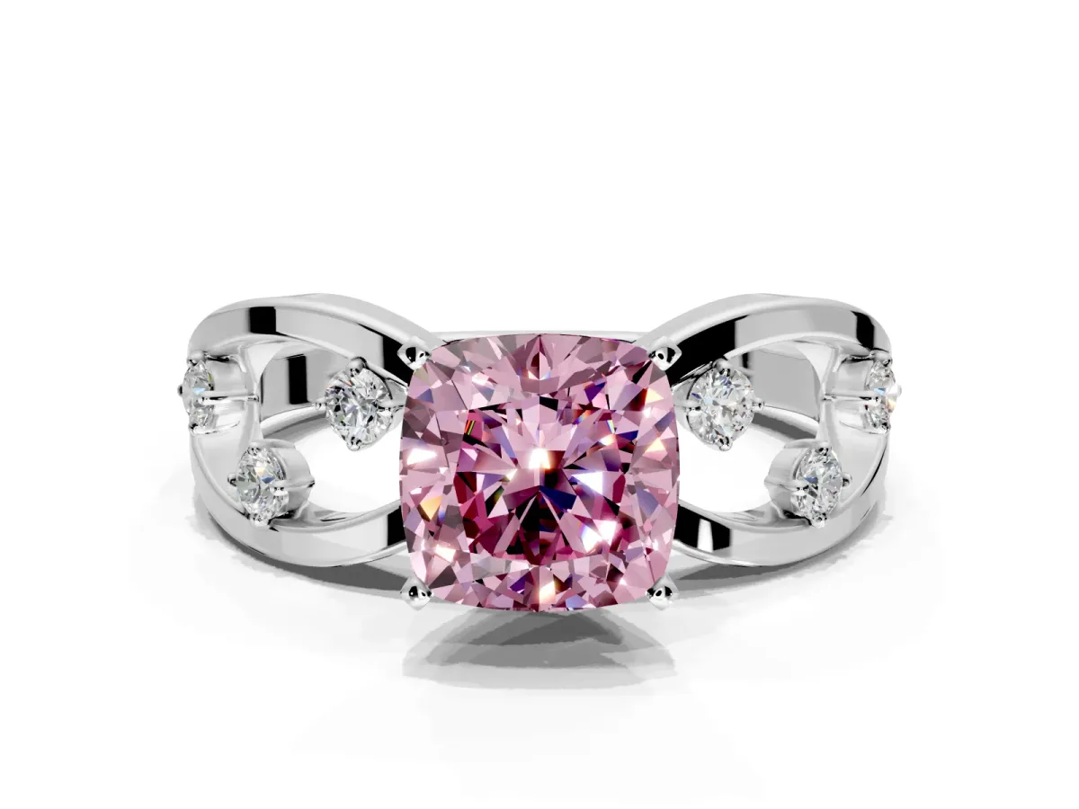Solitaire Engagement Ring Setting for Fancy Pink Cushion Cut Center with Criss-Cross Accent Band and Prong Head in White Gold