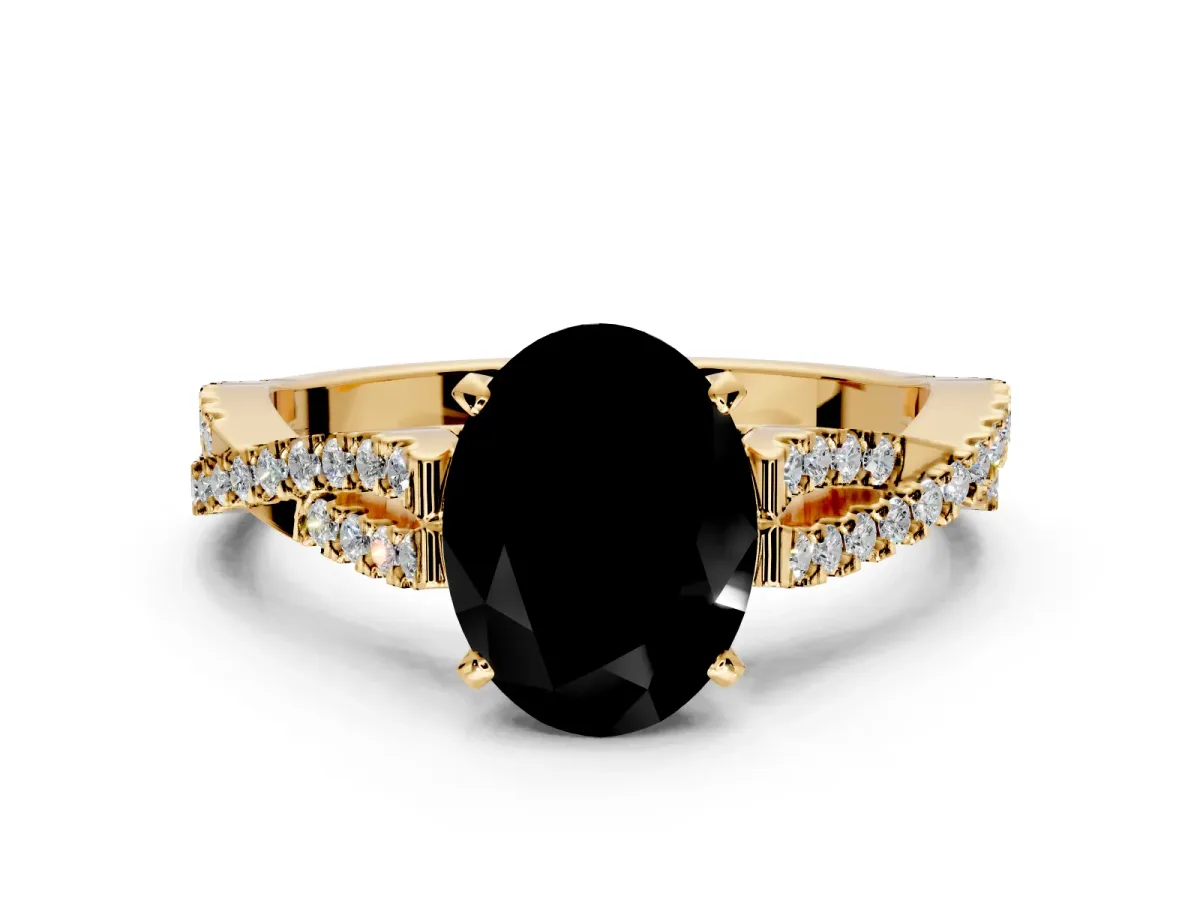 Solitaire Engagement Ring Setting for Fancy Black Oval Center with Twisted Pave Split Shank and Prong Head in Yellow Gold