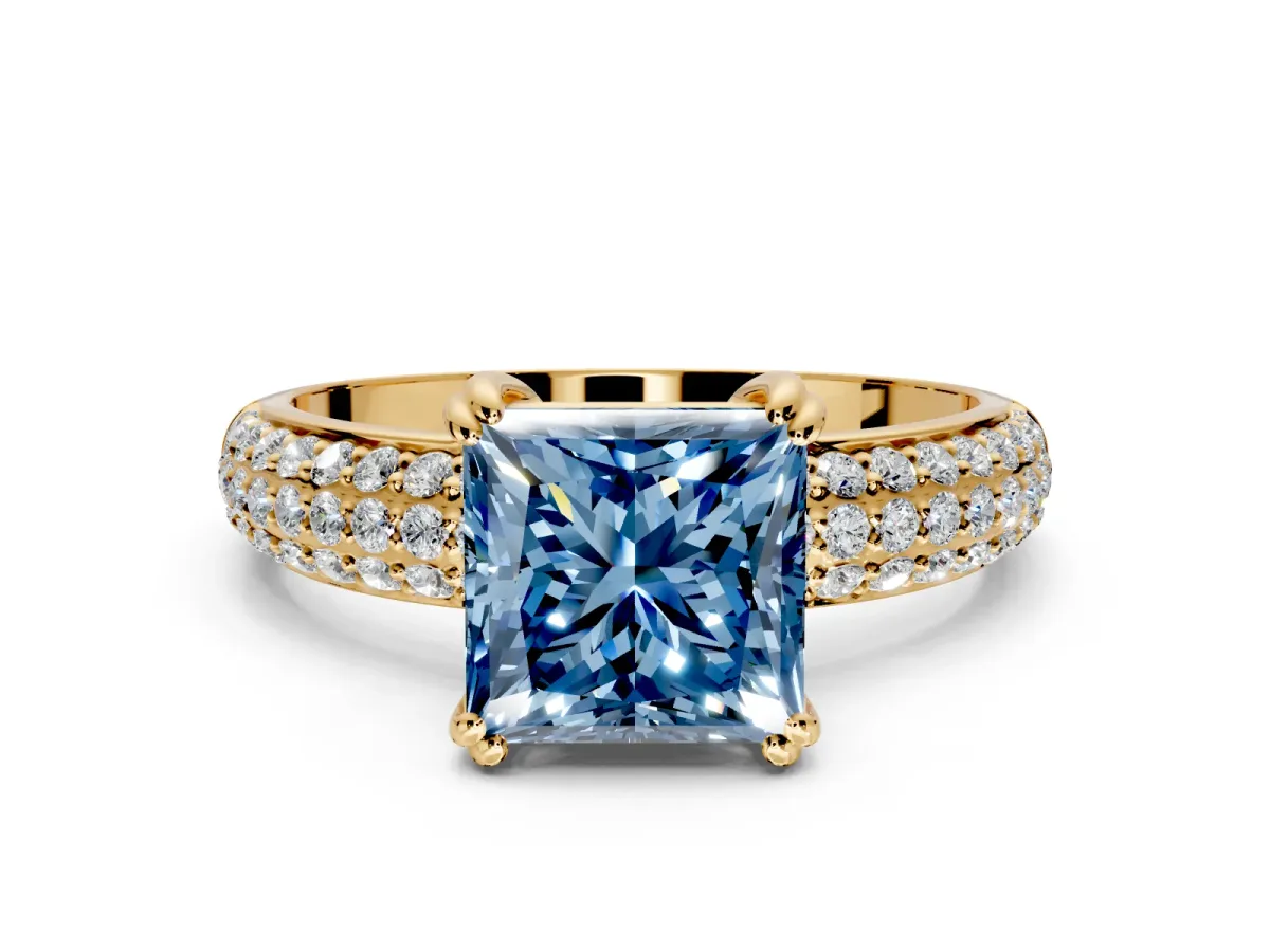 Solitaire Engagement Ring Setting for Fancy Blue Princess Cut Center with Multi-Row Pave Accents and Basket Head in Yellow Gold