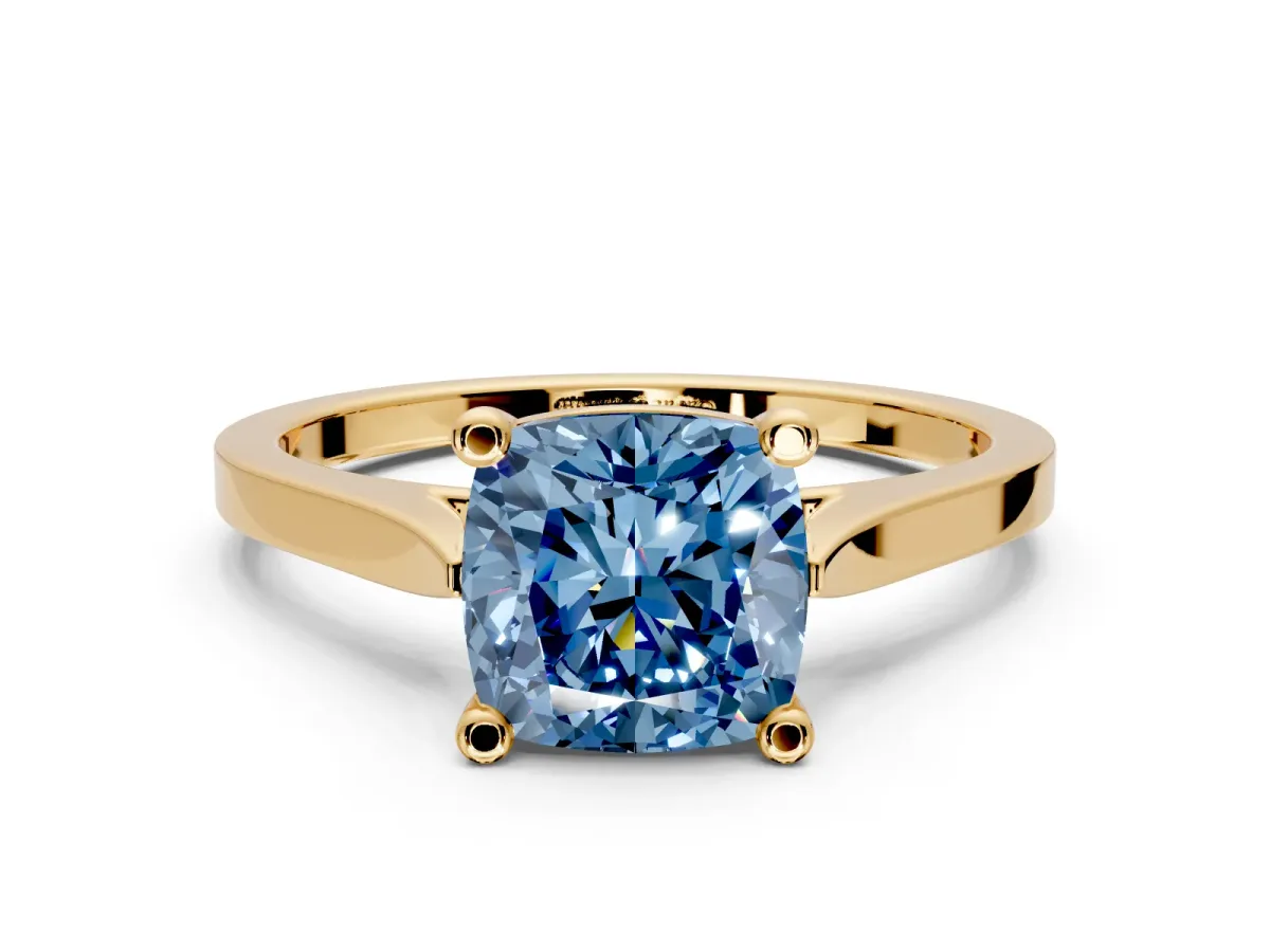 Solitaire Engagement Ring Setting for Fancy Blue Cushion Cut Center with Tapered Shoulders and Prong Head in Yellow Gold