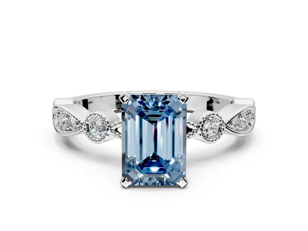 Solitaire Engagement Ring Setting for Fancy Blue Emerald Cut Center with Milgrain Bezel Accents and Prong Head in Sterling Silver