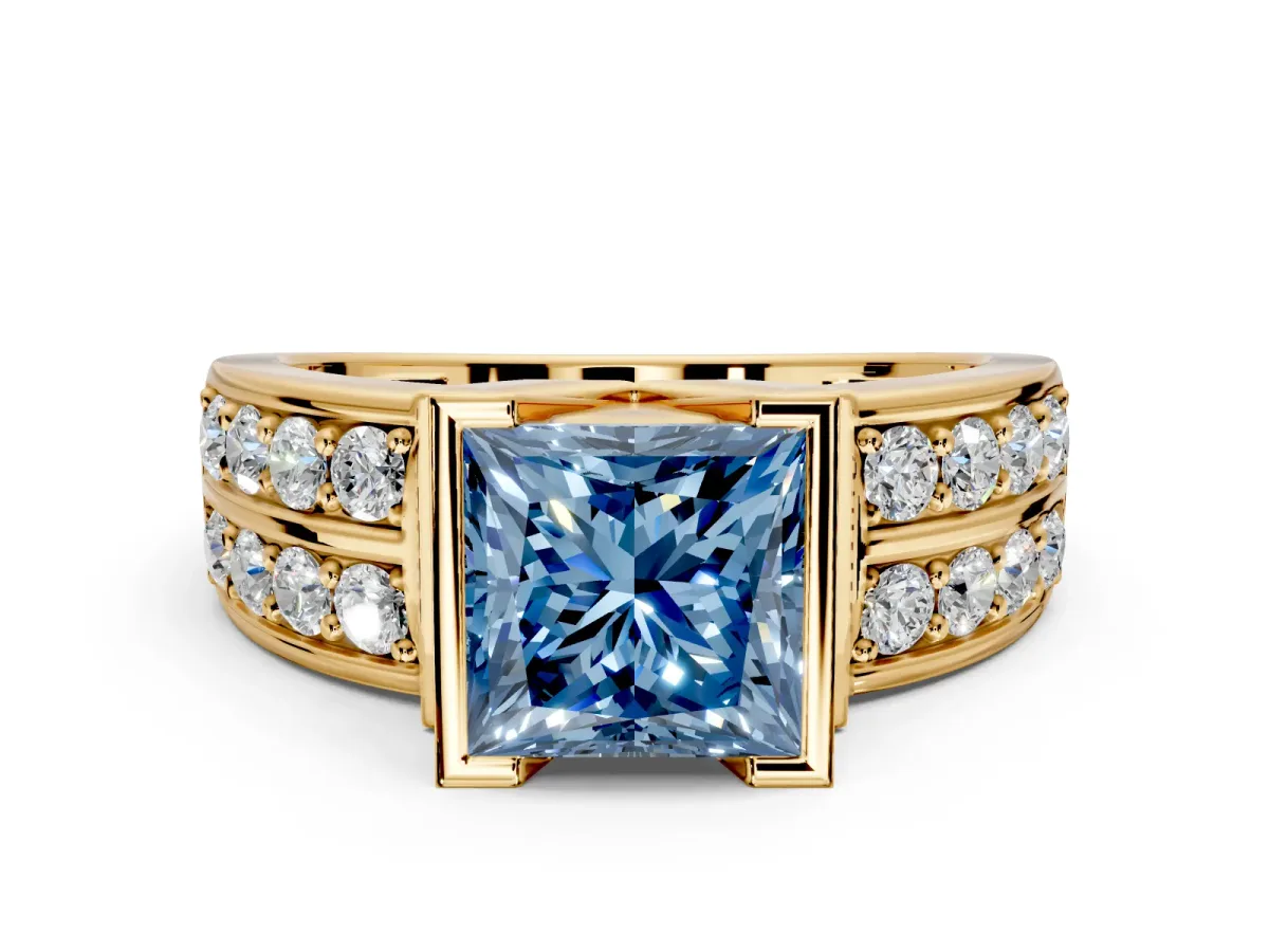Bezel Engagement Ring Setting for Fancy Blue Princess Cut Center with Wide Channel-Set Band and Bezel Head in Yellow Gold
