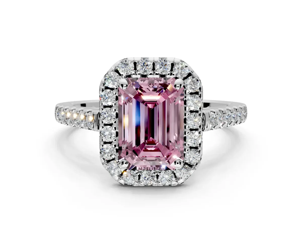 Halo Engagement Ring Setting for Fancy Pink Emerald Cut Center with Raised Halo, Pave Band and Prong Head in Platinum