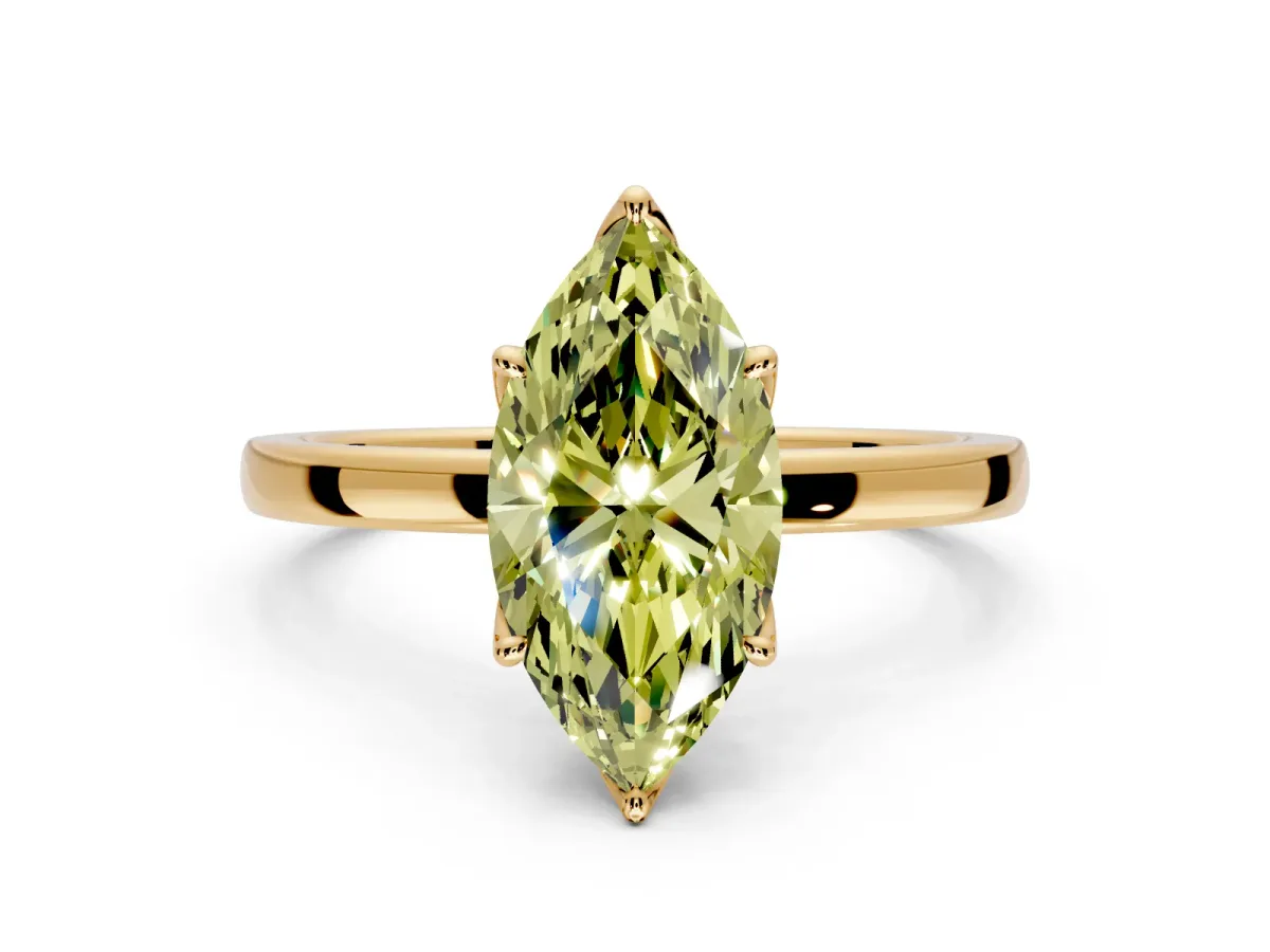 Solitaire Engagement Ring Setting for Fancy Yellow Marquise Center with Thin Rounded Plain Band and Prong Head in Yellow Gold
