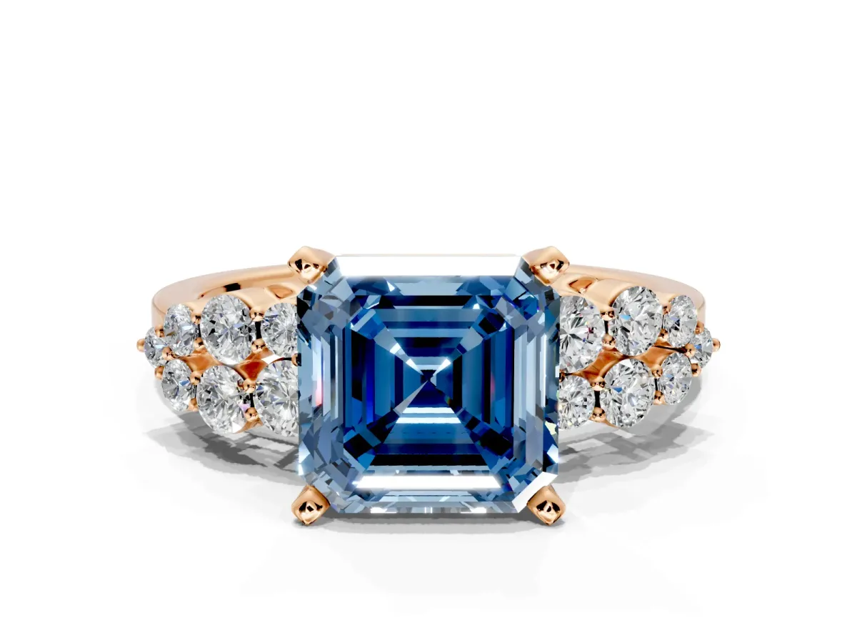 Cluster Engagement Ring Setting for Fancy Blue Asscher Cut Center with 2-Row Shoulder Clusters and Prong Head in Rose Gold