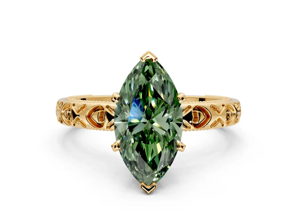 Solitaire Engagement Ring Setting for Fancy Green Marquise Center with XO Engraved Band and Prong Head in Yellow Gold