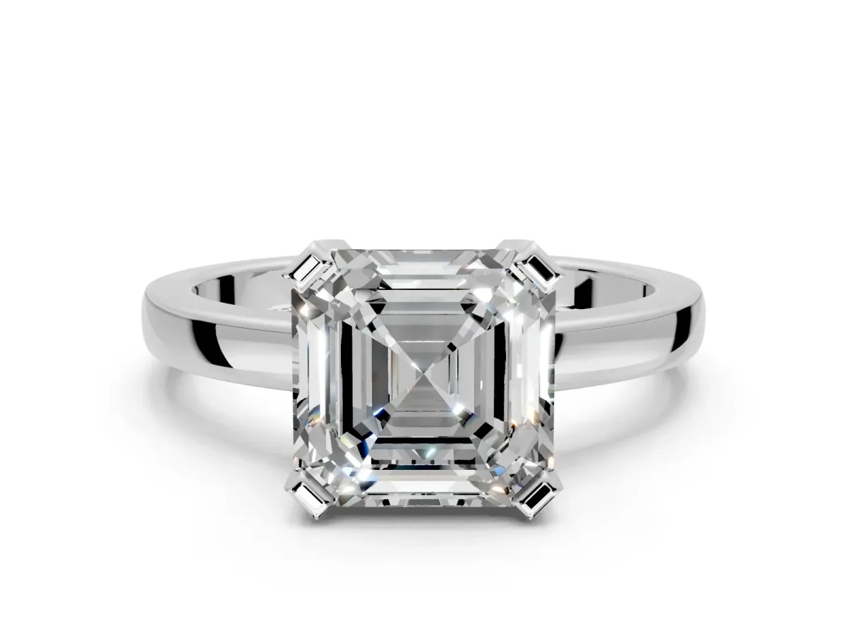 Solitaire Engagement Ring Setting for Asscher Cut Center with Plain Band and Flat Tab Prong Head in White Gold