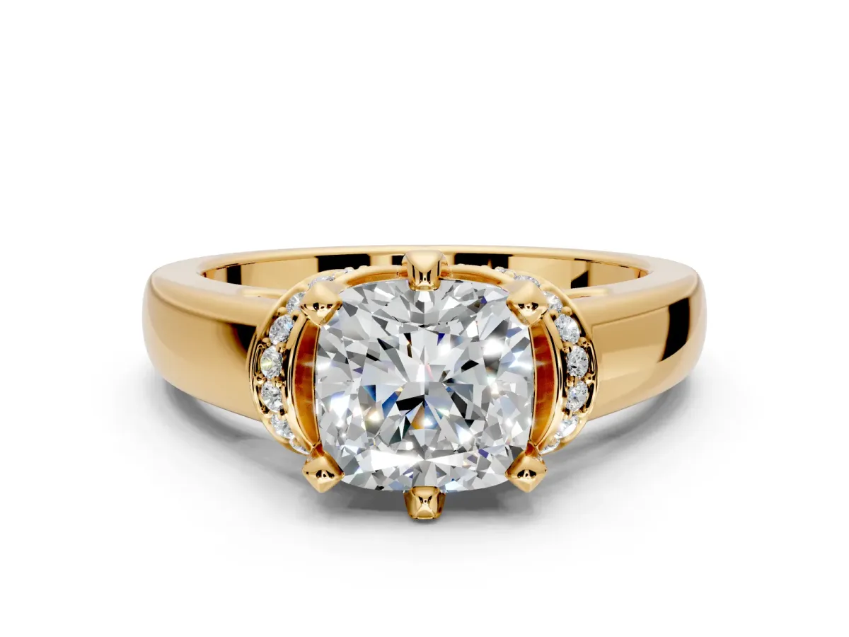Solitaire Engagement Ring Setting for Cushion Cut Center with Wide Band, Pave Collar and Prong Head in Yellow Gold