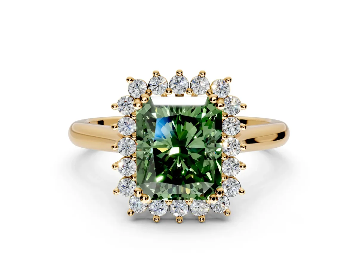 Starburst Halo Engagement Ring Setting for Fancy Green Radiant Cut Center with Thin Round-Wire Band and Prong Head in Yellow Gold