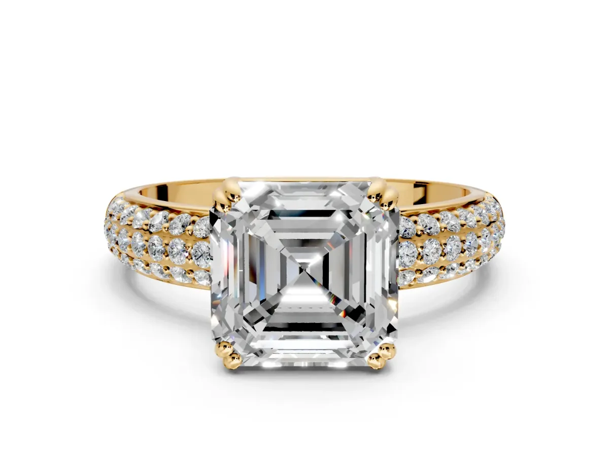 Solitaire Engagement Ring Setting for Asscher Cut Center with Multi-Row Pave Accents and Basket Head in Yellow Gold