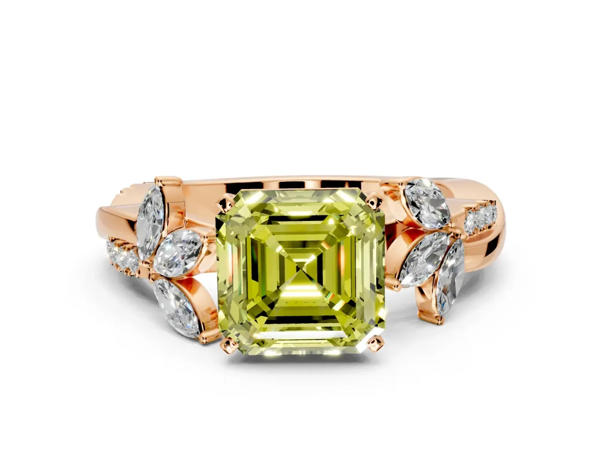 Floral Engagement Ring Setting for Fancy Yellow Asscher Cut Center with Trailing Marquise Accents and Prong Head in Rose Gold