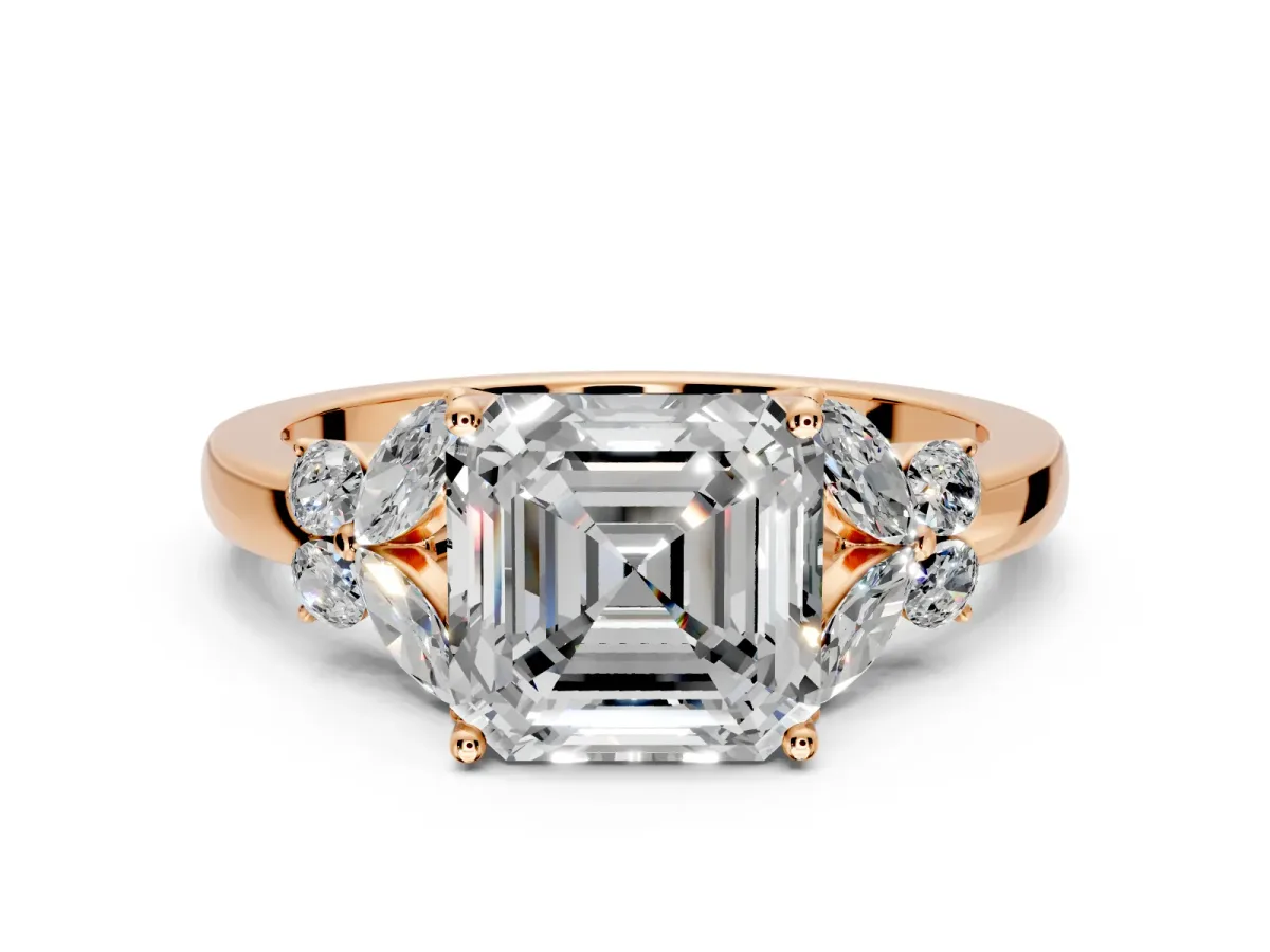 Solitaire Engagement Ring Setting for Asscher Cut Center with Marquise Flower Shoulders and Prong Head in Rose Gold