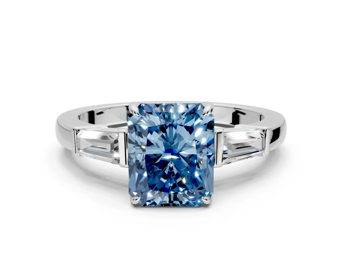 3 Stone Engagement Ring Setting for Fancy Blue Radiant Cut Center with Baguette Accents and Prong Head in Sterling Silver