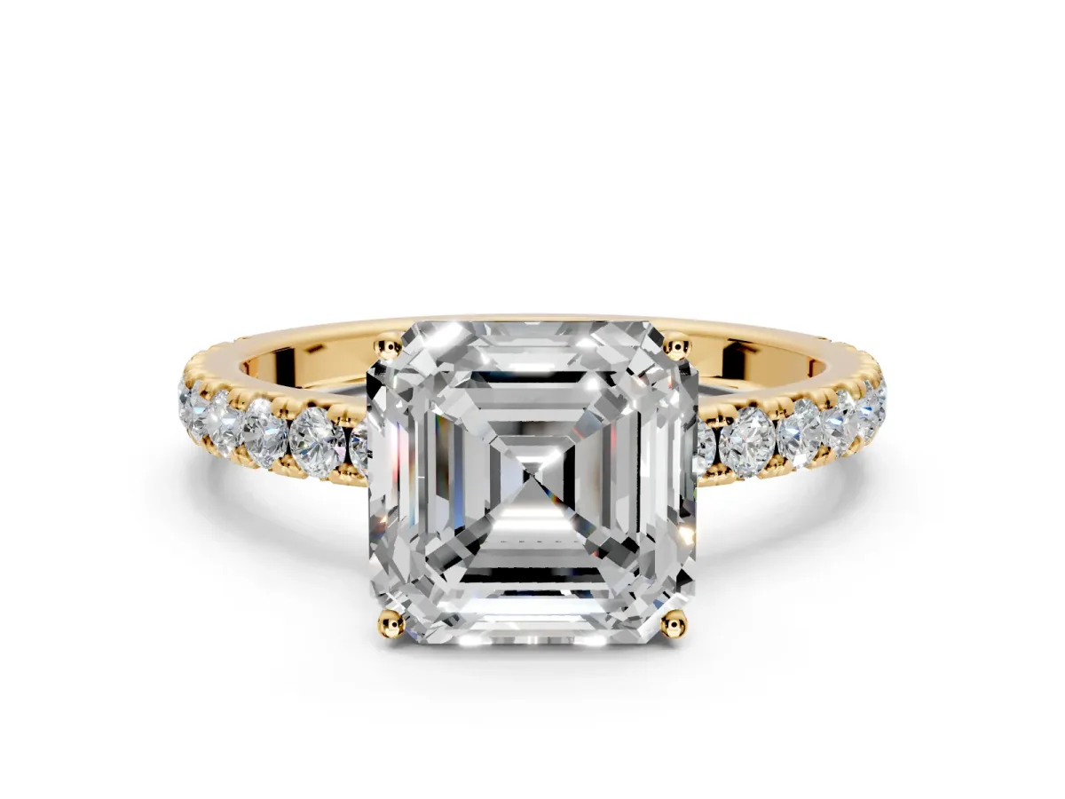 Solitaire Engagement Ring Setting for Asscher Cut Center with Large Accent Band and Prong Head in Yellow Gold